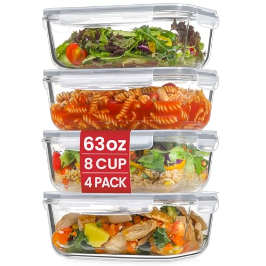 Meal Prep Glass Containers With Lids - 4 Pack 8 Cups/ 63oz Large