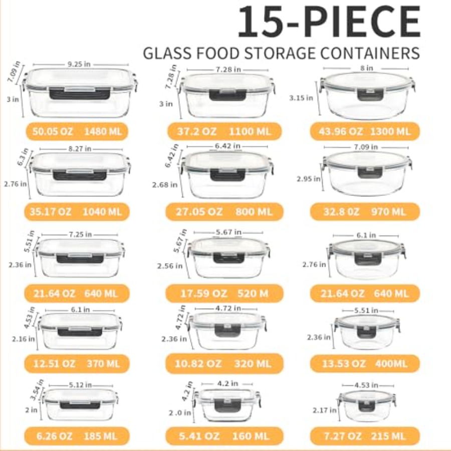 15 Pack Glass Food Storage Con - Meal Prep Glass Containers With Lids reseña y precio