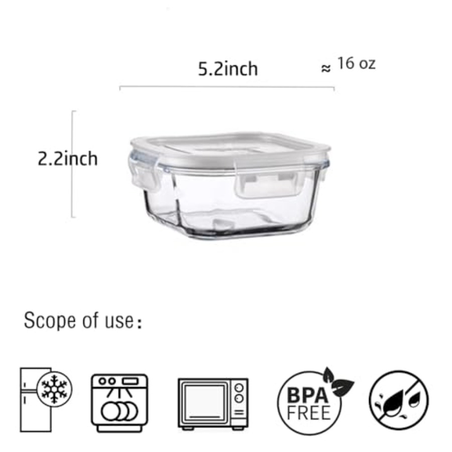 16oz Square Glass Food Storage - Meal Prep Glass Containers With Lids reseña y precio