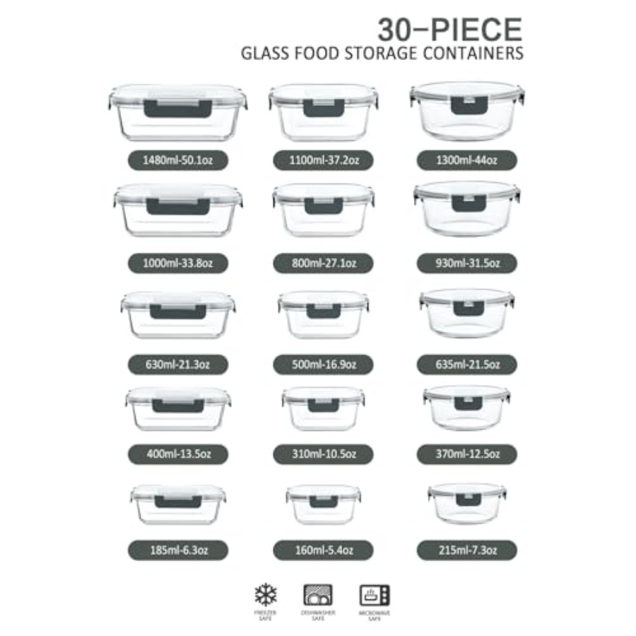 30 Pieces Glass Food Storage C - Meal Prep Glass Containers With Lids reseña y precio